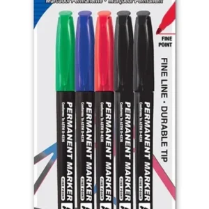 Permanent Markers Fine Tip 2 x Black, 1 Red, 1 Blue, 1 Green - Pack of 5