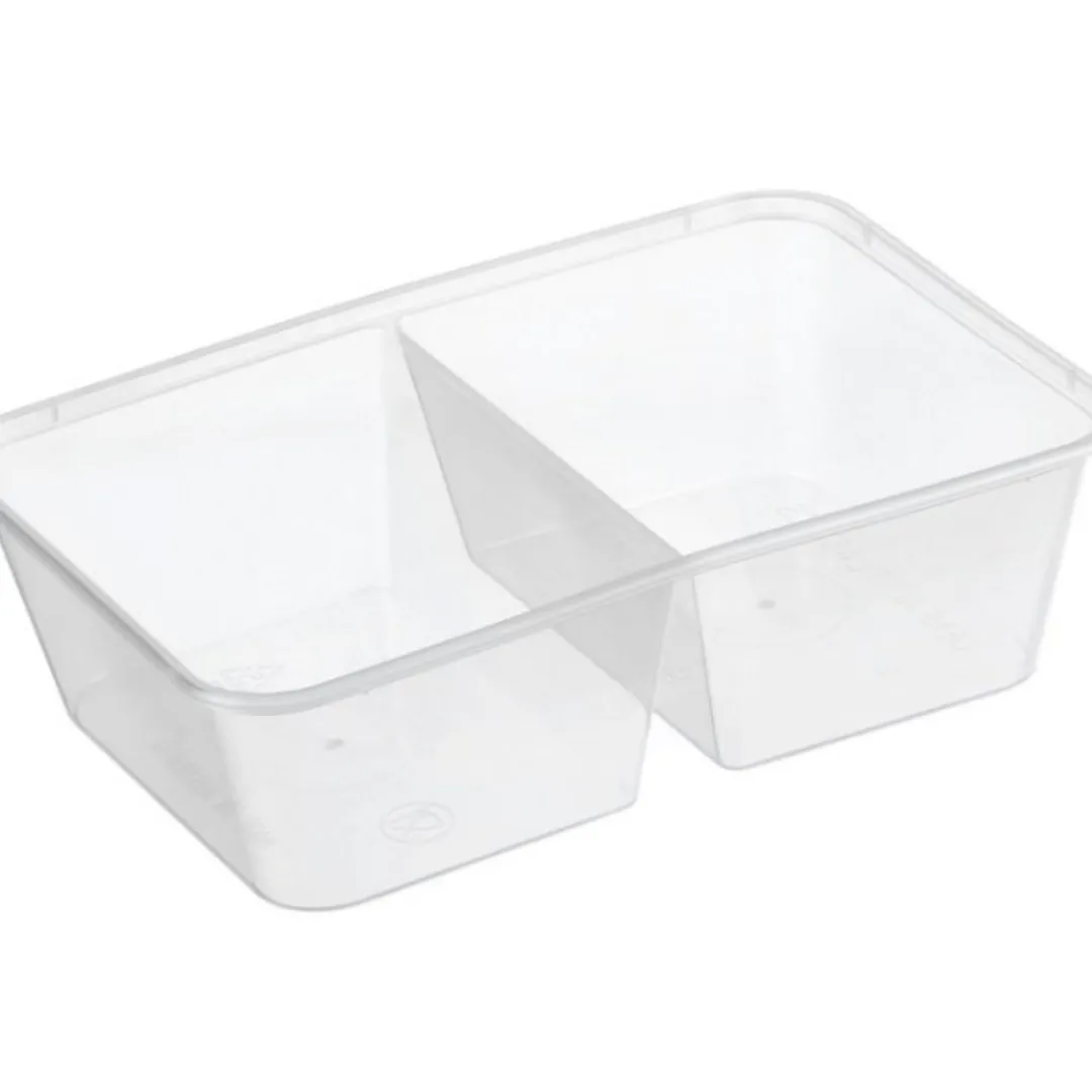 Large Rectangle Clear Premium Takeaway Containers 2 Compartment 650ml Microwave Grade (G650/2COM) - SLEEVE=50 / BOX=500