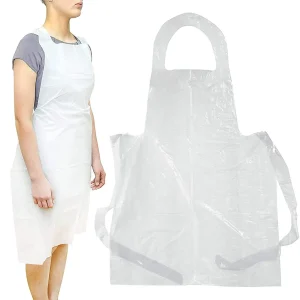Disposable White Plastic Kitchen Aprons One Size Fits All - PACK=100 / BOX=500