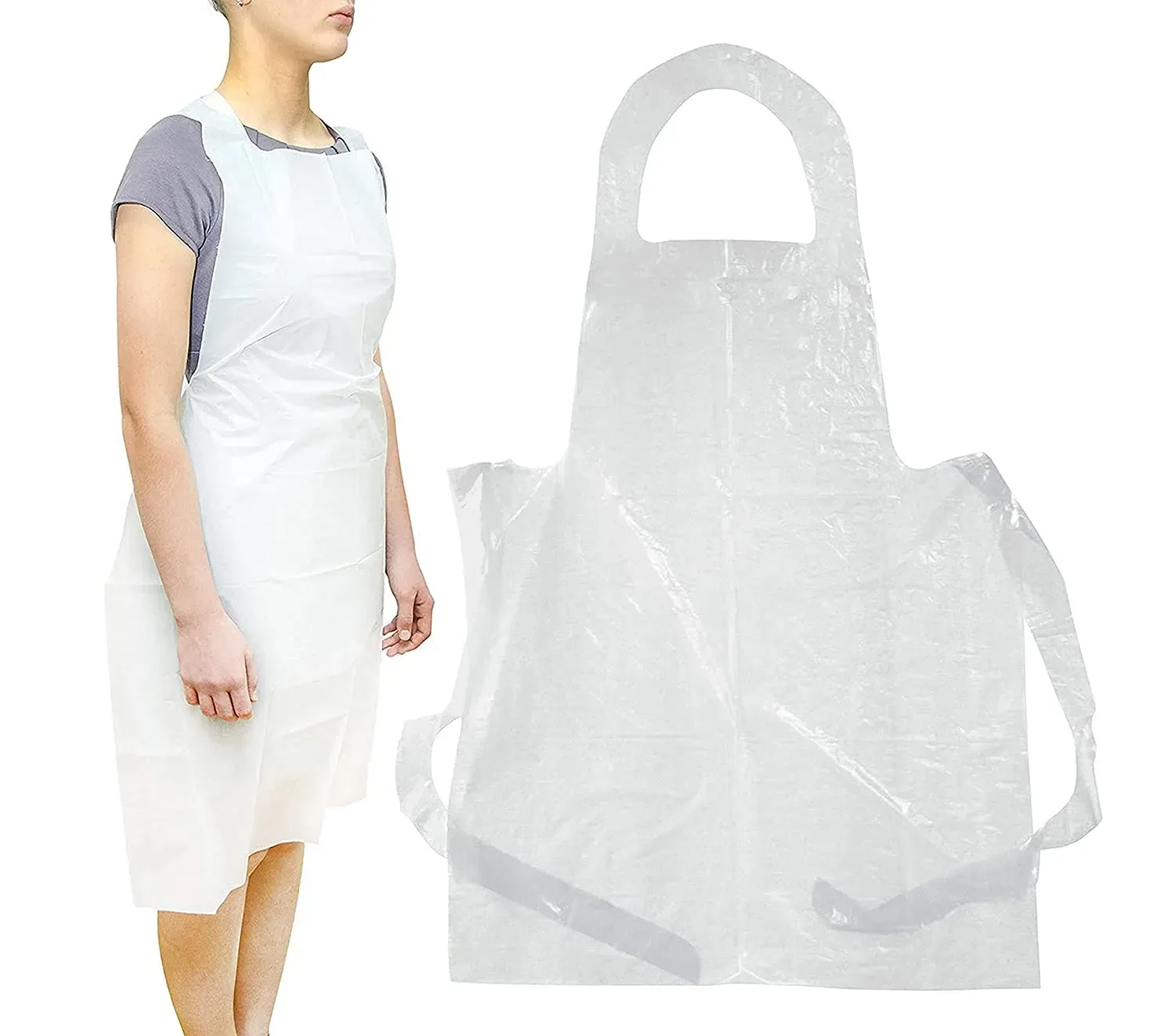 Disposable White Plastic Kitchen Aprons One Size Fits All - PACK=100 / BOX=500