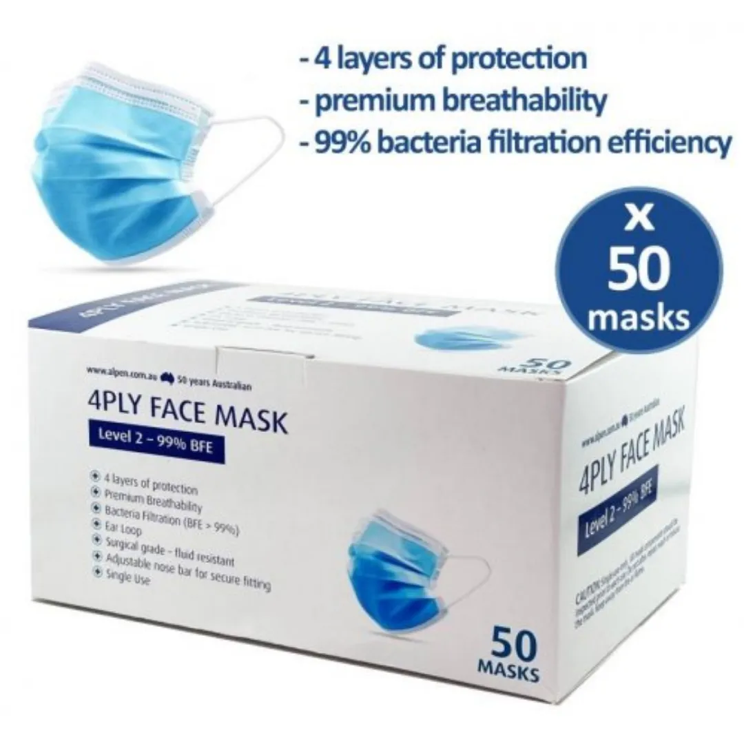 Face Mask 4 Ply Level 2R Surgical Grade (Retail Barcoded) - Box of 50