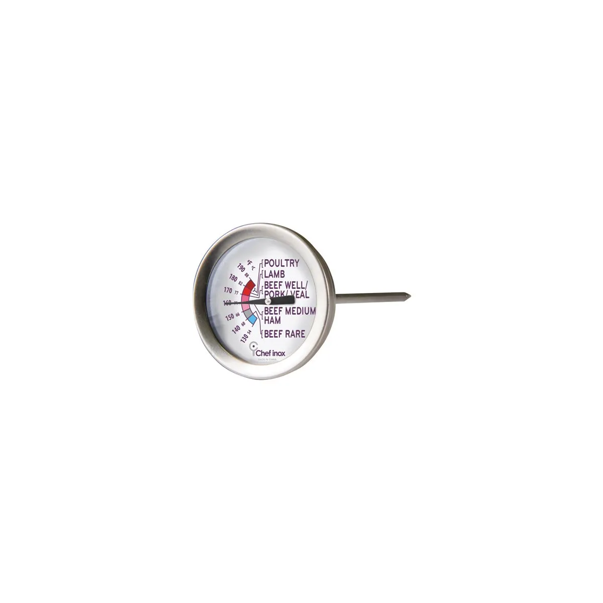 CHEF INOX THERMOMETER MEAT 18/10 DIAL50mm/PROBE100mm (*05375*) = 1 X EACH