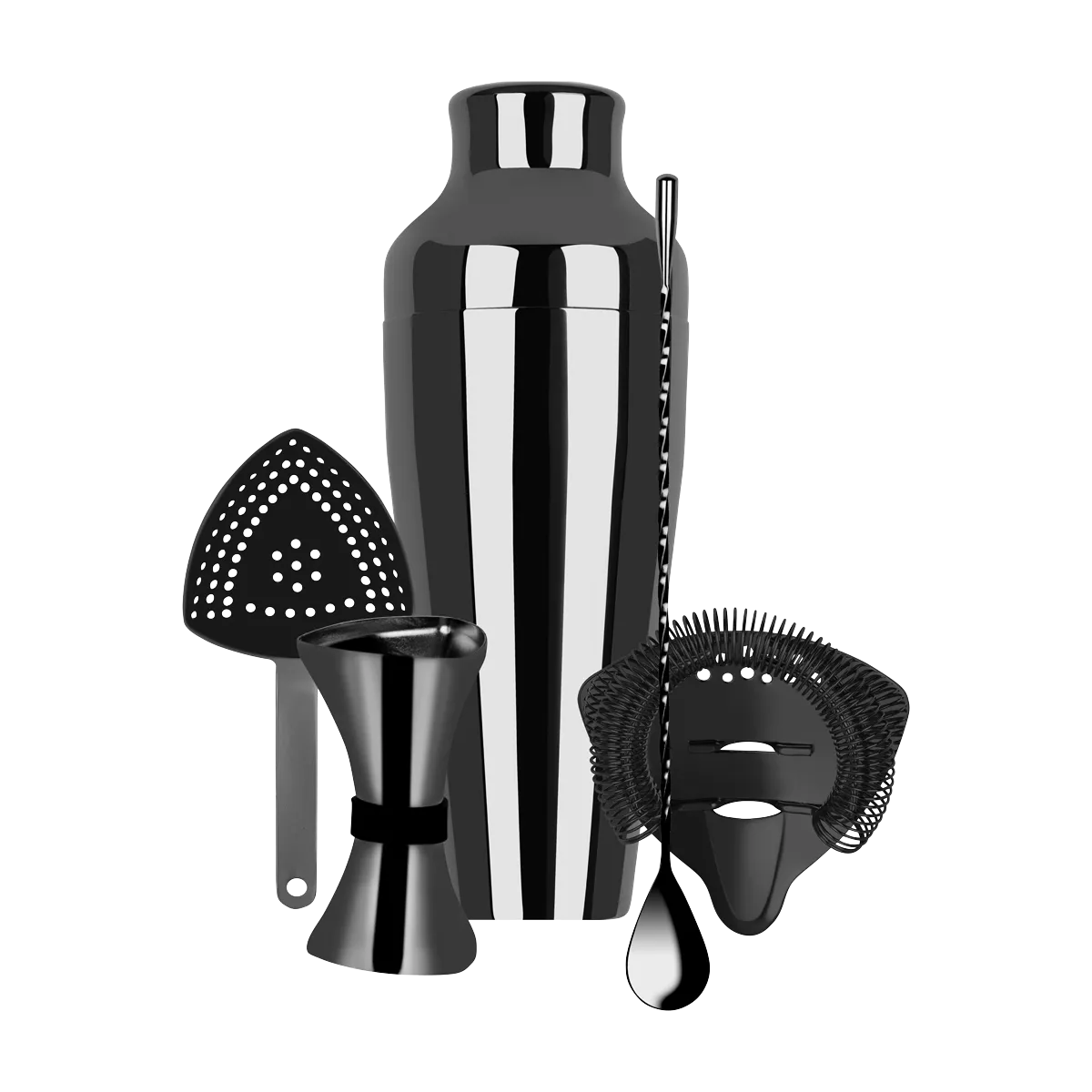 ZANZI COCKTAIL SET w/2pc SHAKER GUN METAL 5pc (*Z9016*) =  1 X SET