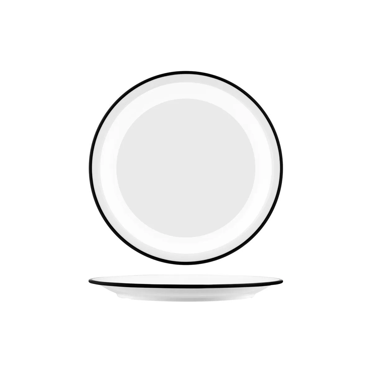 JAB VINTAGE WHITE/BLACK RIM ENAMEL LOOK ROUND PLATE 255mm (*49951*) = PACK OF 6 X EACHES