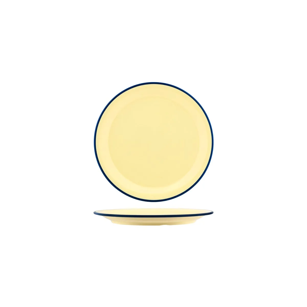 JAB VINTAGE YELLOW/BLUE RIM ENAMEL LOOK ROUND PLATE 190mm (*49920*) = PACK OF 6 X EACHES