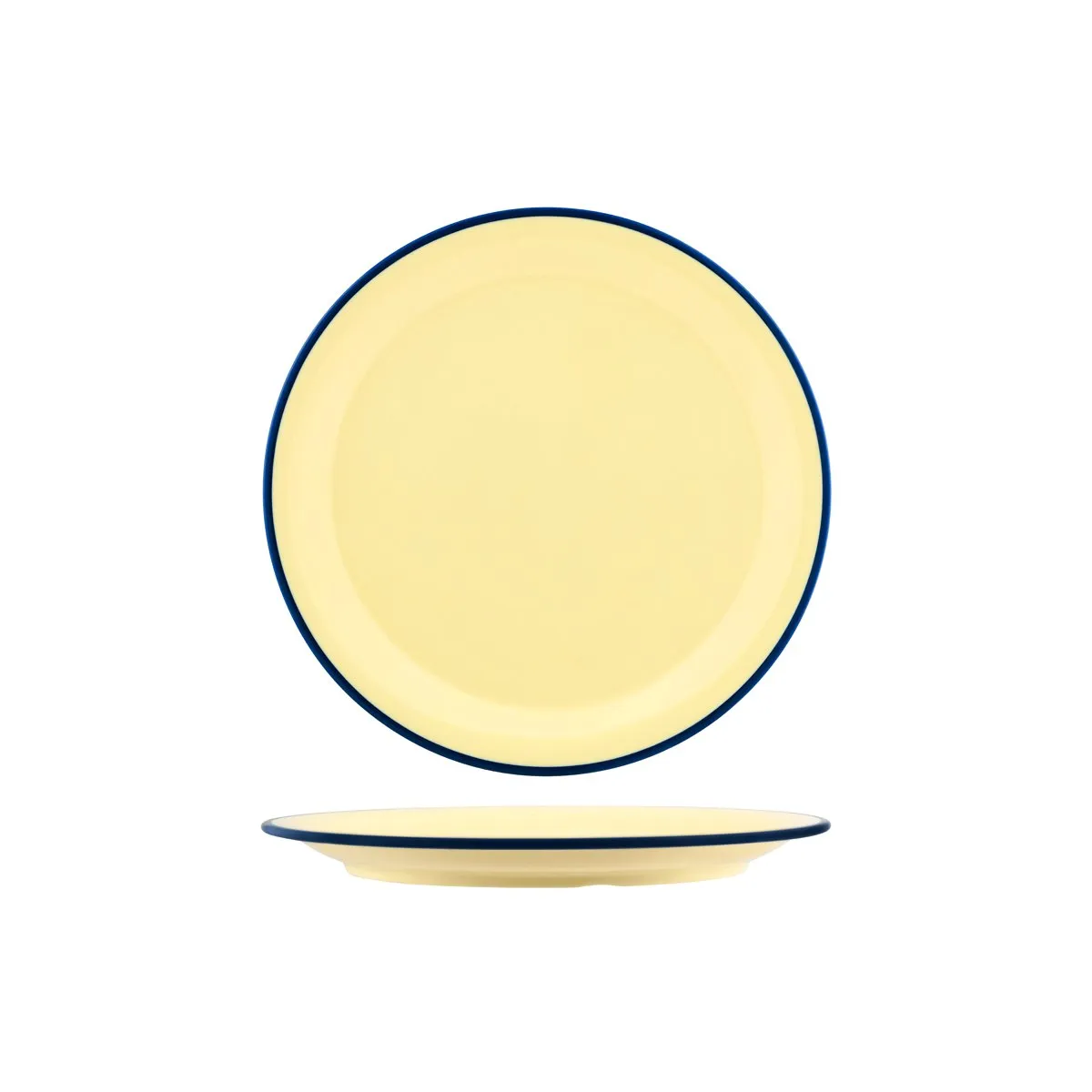JAB VINTAGE YELLOW/BLUE RIM ENAMEL LOOK ROUND PLATE 255mm (*49921*) = PACK OF 6 X EACHES