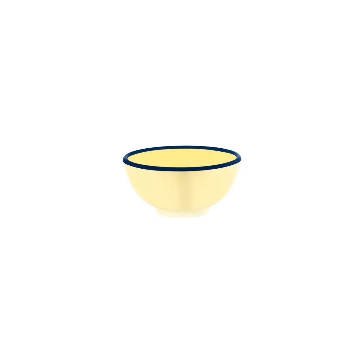 JAB VINTAGE YELLOW/BLUE RIM ENAMEL LOOK ROUND BOWL 125x60mm (*49925*) = PACK OF 6 X EACHES